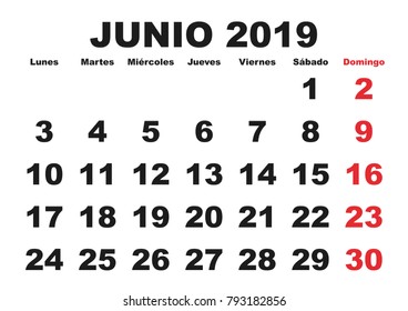 June month in a year 2019 wall calendar in spanish. Junio 2019. Calendario 2019