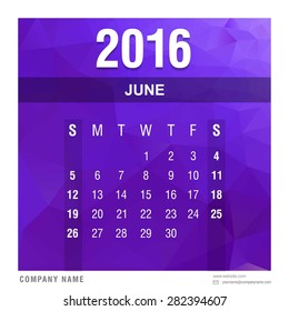 June Monthly Calendar 2016 vector design template. polygonal Blue background - abstract new year calendar template vector illustration