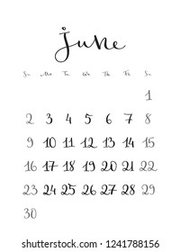 June. Monthly calendar for 2019 year. Handwritten modern calligraphy. Elegant, cute and stylish. Week starts on Sunday. Perfect for planners, calendars, organizers.
