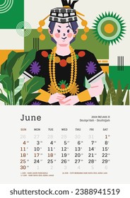 June monthly calendar with Indonesia National Holiday template layout Editable Text