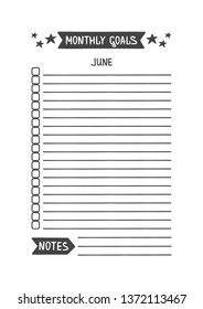 June Monthly Goals. Vector Template for Agenda, Planner and Other Stationery. Printable Organizer for Study, School or Work. Objects Isolated on White Background.