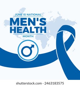 June is National Men's Health Month poster vector illustration. Blue awareness ribbon and male symbol icon vector. Template for background, banner, card. Important day