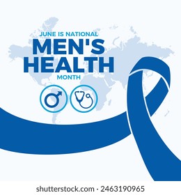 June is National Men's Health Month poster vector illustration. Blue cancer awareness ribbon, male symbol and stethoscope icon vector. Template for background, banner, card. Important day