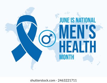 June is National Men's Health Month poster vector illustration. Blue awareness ribbon and male symbol icon vector. Template for background, banner, card. Important day