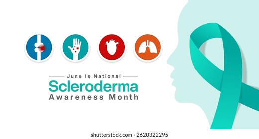 June Is National Scleroderma Awareness Month. Women, ribbon, joint, hand, heart and lung. Suitable for posters, banners, social media and more. White background.