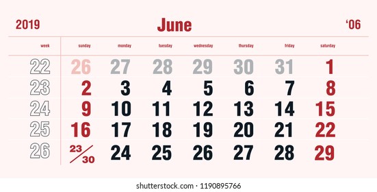 June Page 06 Month Premium 2019 Year Calendar Stylish Grid English Classic Style. Luxury template vector design