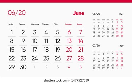 JUNE PAGE. 12 Months Premium 2020 Calendar Grid Set. Table, Wall, Desk, Quarter Diary Calendar 2020 Year Design. Clean, Simple Diary Planner. Vector, Editable. White Background and Red Font.