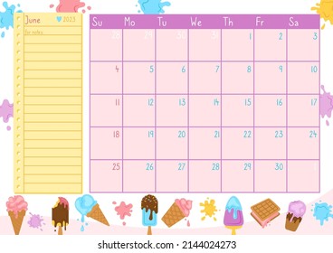 June page calendar template organizer 2023 year with ice cream. Event planner diary sweet summer memory scrapbook. Paper sticky trendy calendar notebook notes. Graphic notepad design redy print