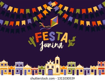 June party of Brazil, bright night the background with colonial houses, church, lights and colored flags and the words in Portuguese Festa Junina illustration with place for announcement invitation.