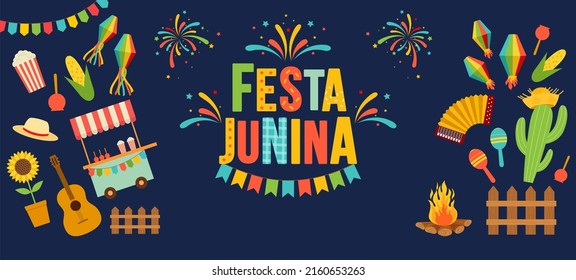 Fiesta de junio en Brasil. Ilustración vectorial Festa Junina. Símbolos de banderas partidarias y linternas de papel, acordeón, hoguera, guitarra, maíz, sombrero, maracas, fuegos artificiales festivos.