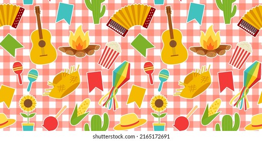 June party of Brazil. Vector Illustration Festa Junina. Symbols of party flags and paper lanterns, accordion, bonfire, guitar, corn, hat, maracas, seamless pattern.