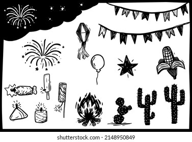 June party elements. Bombinhas of São João. Separated vectors in woodcut style.