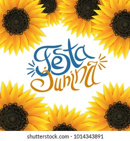 June party. Festa junina sunflower background with lettering