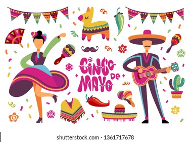 June party festival. Mexican or brazil fiesta elements with cartoon latino people. Vector set