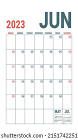 June. Planner 2023 year. English vector vertical template. Week starts on Sunday