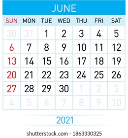 June Planner Calendar 2021. Illustration of Calendar in Simple and Clean Table Style for Template Design on White Background. Week Starts on Sunday