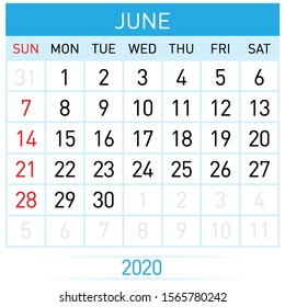 June Planner Calendar. Illustration of Calendar in Simple and Clean Table Style for Template Design on White Background. Week Starts on Sunday