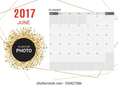 June planner calendar template 2017 year.Week starts Sunday.Vector design stationery illustration.Yearly calendar set of 12 months  Printing layout artwork.