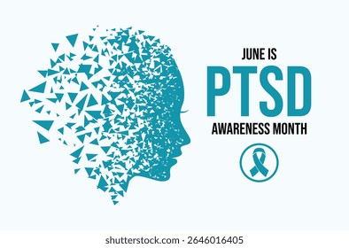 June is Posttraumatic Stress Disorder (PTSD) Awareness Month poster vector illustration. Fragmented female head in profile abstract vector. Shattered head with mental illness icon. Important day