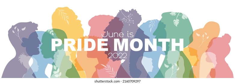 June is Pride Month 2022 banner. People stand side by side together. Flat vector illustration.	