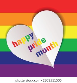June pride month concept. White heart with Happy Pride Month on a rainbow background in vector illustration.