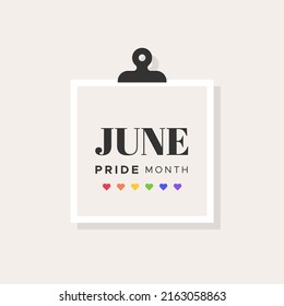 June. Pride Month. Rainbow heart shapes. LGBT movement. Beige neutral background. Vector illustration, flat design