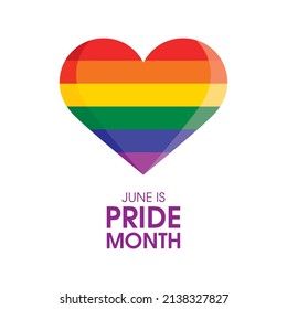 June is Pride Month vector. LGBT pride flag in heart shape vector icon isolated on a white background. LGBT design element. Rainbow flag heart vector