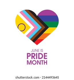 June is Pride Month vector. Progress LGBTQIA pride flag in heart shape icon vector isolated on a white background. LGBT design element. Rainbow gay flag heart vector