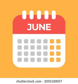 Junio. Plantilla de calendario rojo con fondo naranja.