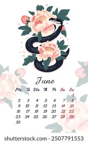 June serpent calendar with summer inflorescences bouquet of peonies Vector illustration template for 2025 Year of Snake Flowers composition with symbol of the Chinese new year. Typography for print