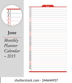 June sheet in an english 2015 Calendar with monthly planner