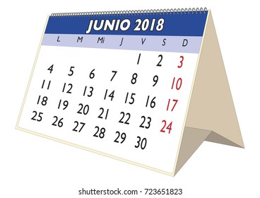 June sheet in an spanish desk Calendar for year 2018. Monthly planner and scheduler. Junio 2018