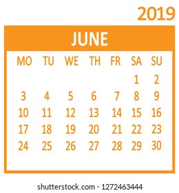 June. Sixth page of set. Calendar 2019, template. Week starts from Monday. Vector illustration