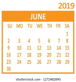 June. Sixth page of set. Calendar 2019, template. Week starts from Sunday. Vector illustration