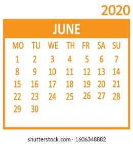 June. Sixth page of set. Calendar 2020, template. Week starts from Monday. Vector illustration
