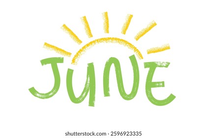 June. Trendy marker drawn lettering with sun. Great for seasonal designs, greeting cards, banners or invitations