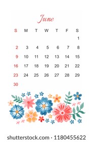 June. Vector calendar template for 2019 year with beautiful composition of embroidery flowers. Week start on sunday. 