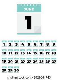 June. Vector flat daily calendar set. Icon. day, month, year.