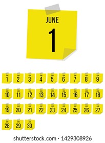 June. Vector flat daily calendar set. Icon. day month year. Yellow sticker