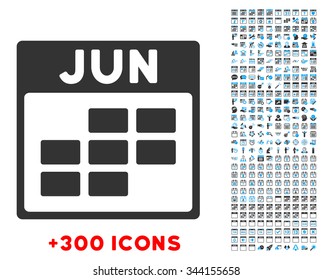 June vector pictogram with additional 300 date and time management icons. Style is bicolor flat symbols, blue and gray colors, rounded angles, white background.