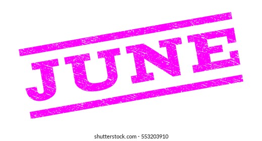 June watermark stamp. Text caption between parallel lines with grunge design style. Rubber seal stamp with scratched texture. Vector magenta color ink imprint on a white background.