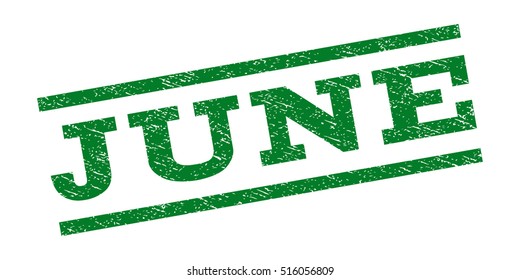June watermark stamp. Text tag between parallel lines with grunge design style. Rubber seal stamp with dirty texture. Vector green color ink imprint on a white background.
