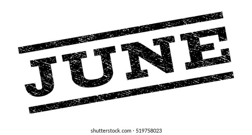 June watermark stamp. Text tag between parallel lines with grunge design style. Rubber seal stamp with dirty texture. Vector black color ink imprint on a white background.