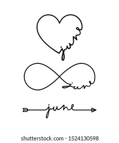 June - word with infinity symbol, hand drawn heart, one black arrow line. Minimalistic drawing of phrase illustration