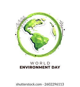 June, World Environment Day illustration featuring a geometric Earth encircled by green leaves and tropical flowers, symbolizing nature preservation, sustainability, and environmental awareness