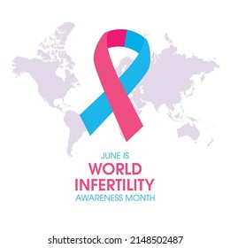 June is World Infertility Awareness Month vector. Pink and blue awareness ribbon with world map silhouette icon vector isolated on a white background. Fertility health design element. Important day