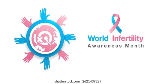 June Is World Infertility Awareness Month. Earth, sperm, hand and ribbon. Suitable for posters, banners, social media and more. White background.