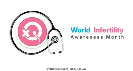 June Is World Infertility Awareness Month. Sperm, stethoscope and more. Suitable for posters, banners, social media and more. White background.