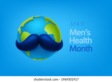 June is the World Mens Health Month. Vector concept with the Earth and mustache