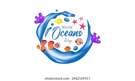 Junio. celebración del Día Mundial de los Océanos. Diseño de Plantillas. Ornamentos de olas marinas, arrecifes de coral y peces. El concepto de fomentar el interés público en la protección marina y la gestión sostenible de los recursos